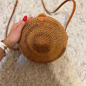 Round Woven Tan Crossbody Bag